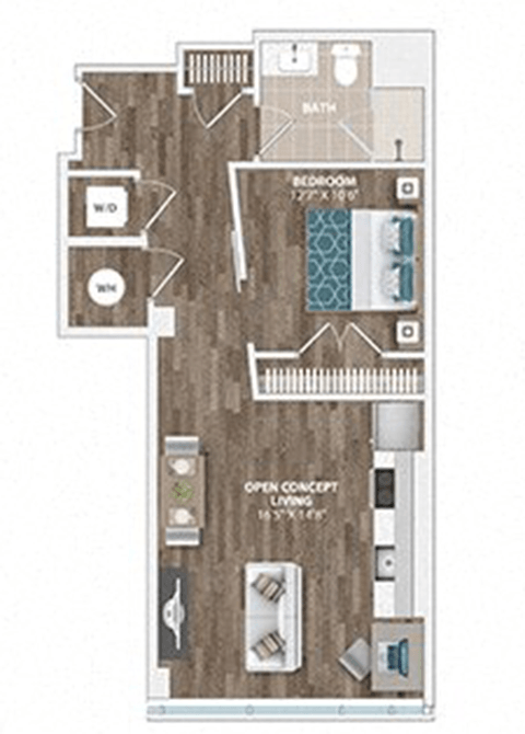 Floor plan for 1 bed, 1 bath, 653 sqft